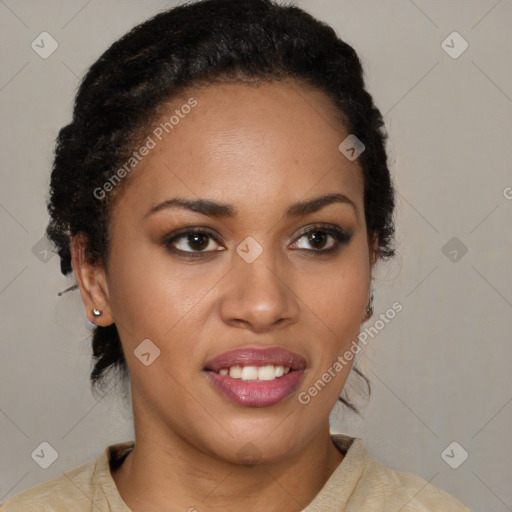 Joyful latino young-adult female with short  brown hair and brown eyes