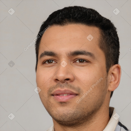 Neutral latino young-adult male with short  black hair and brown eyes