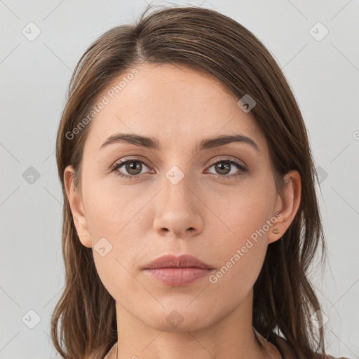 Neutral white young-adult female with long  brown hair and grey eyes