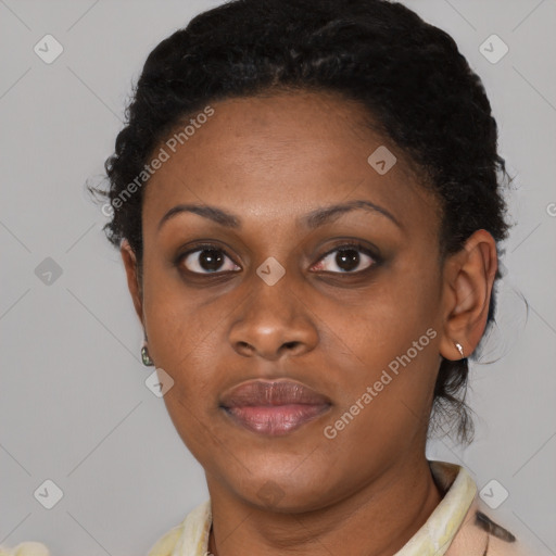 Neutral black young-adult female with short  black hair and brown eyes
