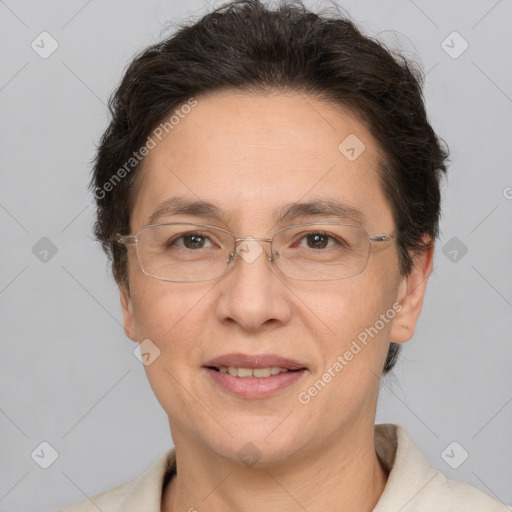 Joyful white adult female with short  brown hair and brown eyes