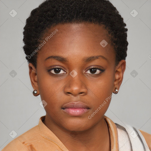 Neutral black young-adult female with short  brown hair and brown eyes