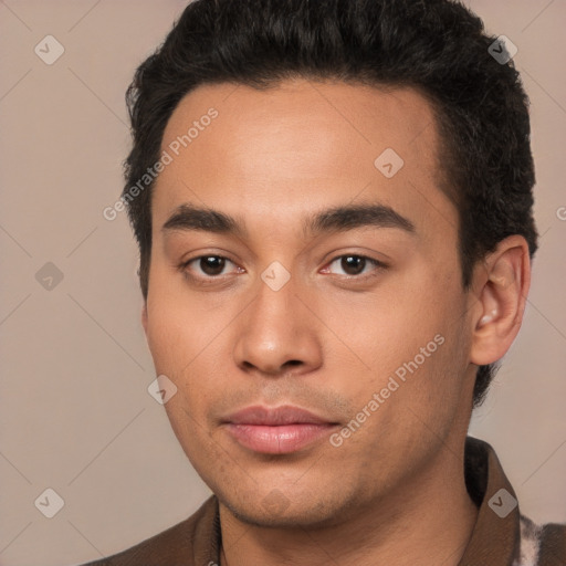 Joyful white young-adult male with short  black hair and brown eyes