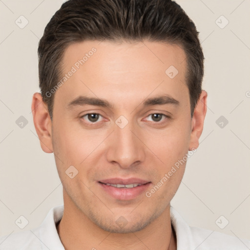 Joyful white young-adult male with short  brown hair and brown eyes