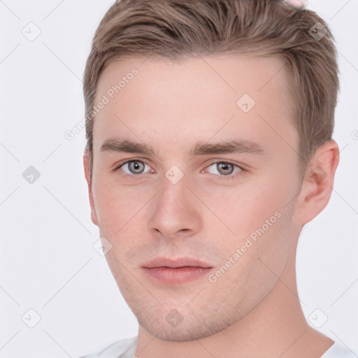 Neutral white young-adult male with short  brown hair and grey eyes