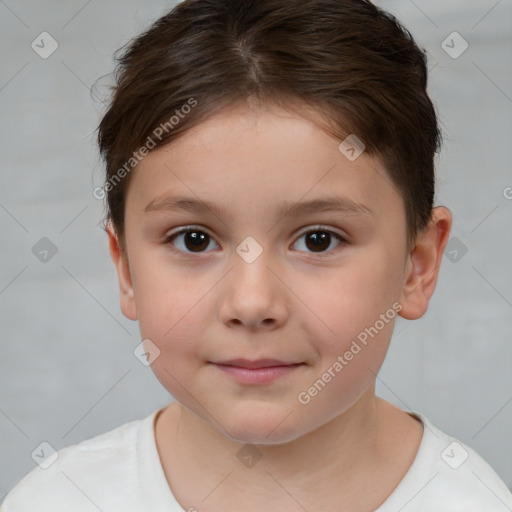 Joyful white child female with short  brown hair and brown eyes