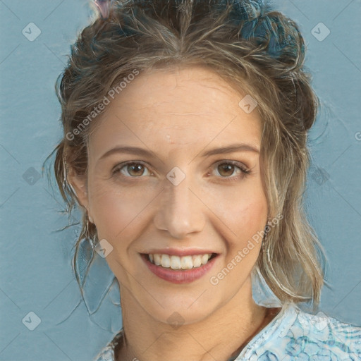 Joyful white young-adult female with medium  brown hair and blue eyes