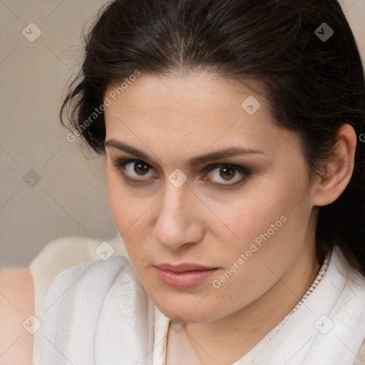 Neutral white young-adult female with medium  brown hair and brown eyes