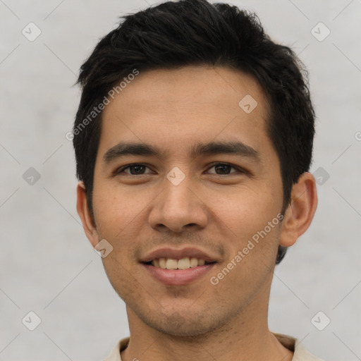 Joyful asian young-adult male with short  black hair and brown eyes