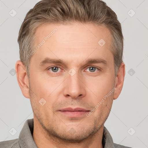 Neutral white adult male with short  brown hair and grey eyes