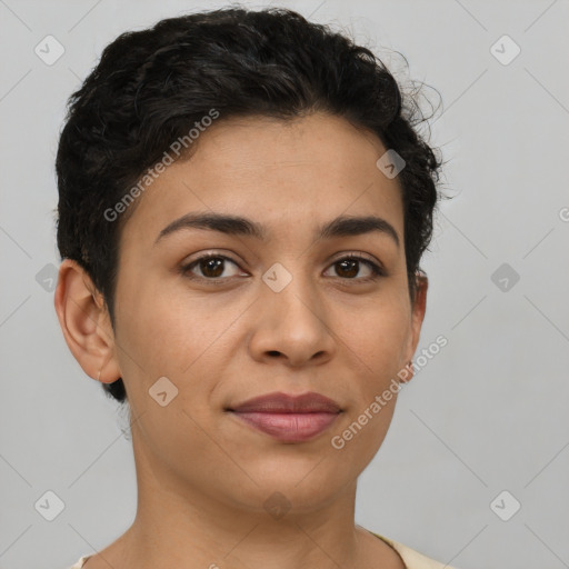 Joyful latino young-adult female with short  brown hair and brown eyes