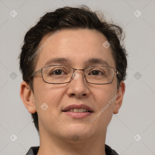 Joyful white adult female with short  brown hair and brown eyes