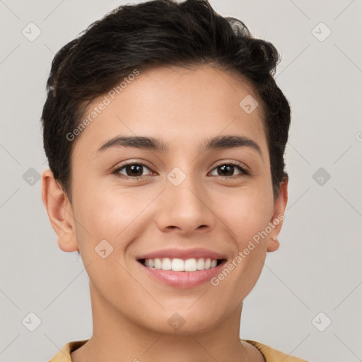 Joyful white young-adult female with short  brown hair and brown eyes