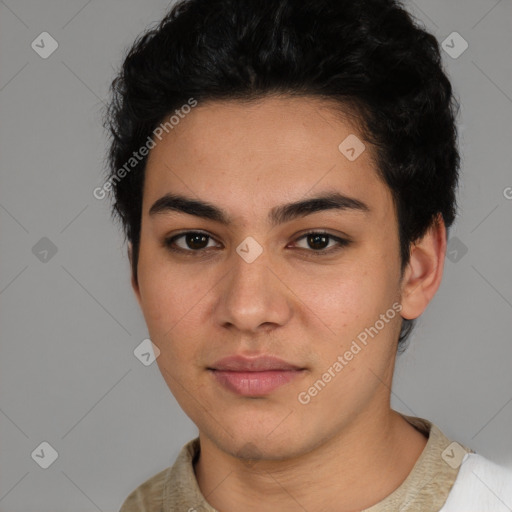Neutral latino young-adult female with short  brown hair and brown eyes