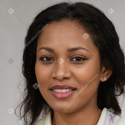 Joyful latino young-adult female with long  brown hair and brown eyes