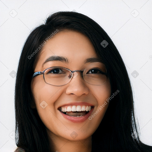 Joyful latino young-adult female with long  black hair and brown eyes