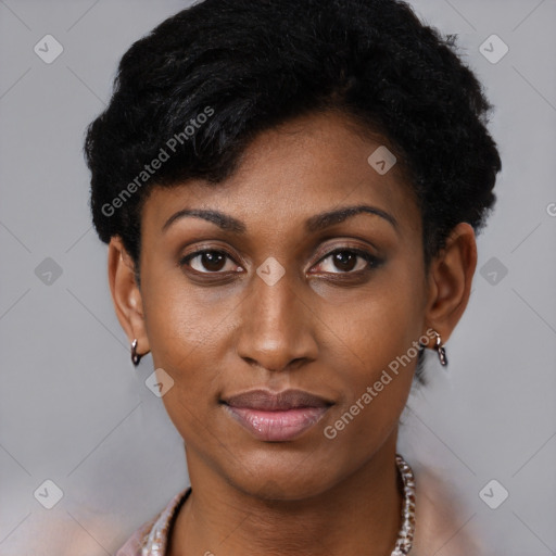 Joyful latino young-adult female with short  black hair and brown eyes