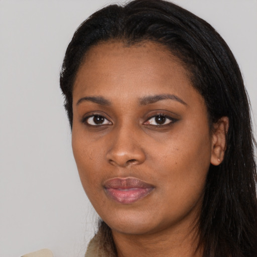 Neutral black young-adult female with long  black hair and brown eyes