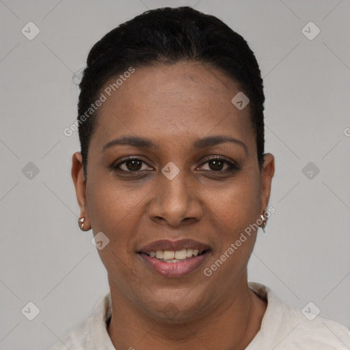 Joyful black young-adult female with short  black hair and brown eyes