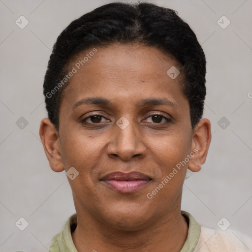 Joyful black young-adult female with short  brown hair and brown eyes
