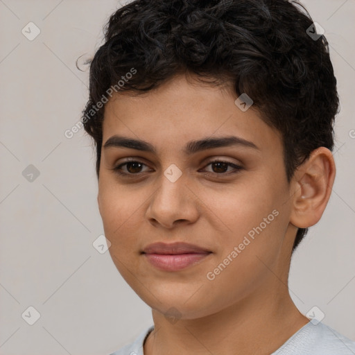 Joyful latino young-adult female with short  brown hair and brown eyes