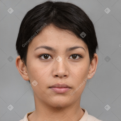 Neutral asian young-adult female with short  brown hair and brown eyes