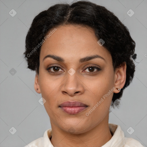 Joyful latino young-adult female with short  black hair and brown eyes