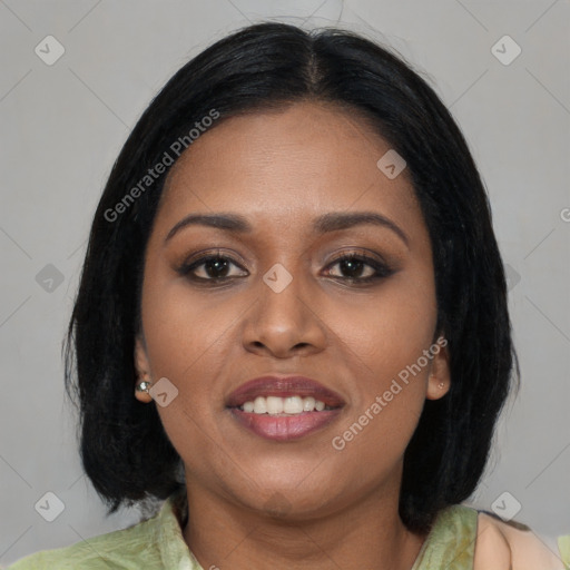 Joyful asian young-adult female with medium  black hair and brown eyes