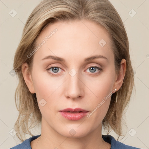 Neutral white young-adult female with medium  brown hair and grey eyes