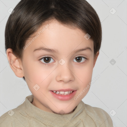 Joyful white child female with short  brown hair and brown eyes