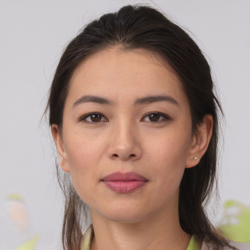 Neutral white young-adult female with medium  brown hair and brown eyes