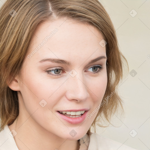 Joyful white young-adult female with medium  brown hair and blue eyes