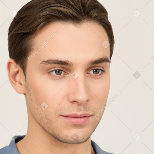 Neutral white young-adult male with short  brown hair and brown eyes