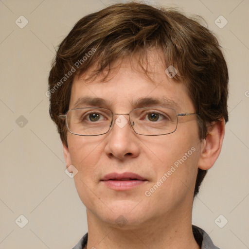 Joyful white adult male with short  brown hair and grey eyes