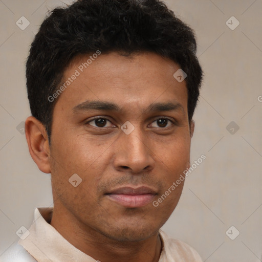 Neutral latino young-adult male with short  brown hair and brown eyes