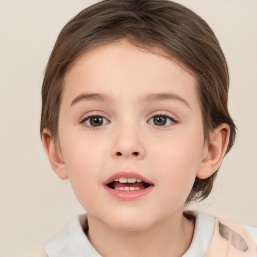 Joyful white child female with medium  brown hair and brown eyes