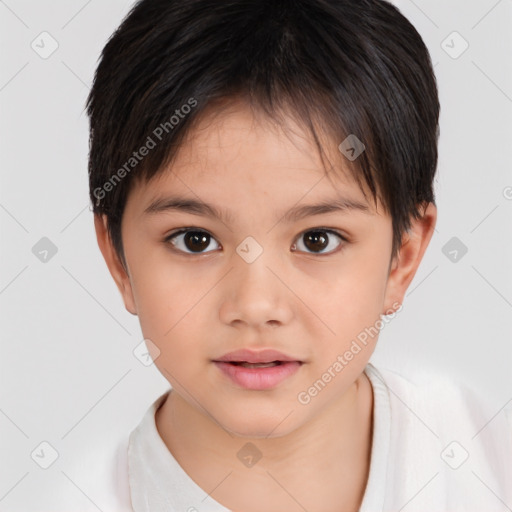 Joyful white child female with short  brown hair and brown eyes