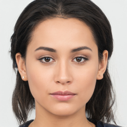 Neutral asian young-adult female with long  brown hair and brown eyes