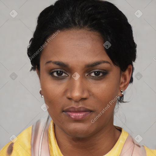 Joyful latino young-adult female with short  black hair and brown eyes
