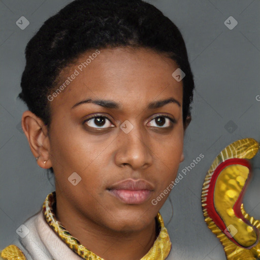 Neutral latino young-adult female with short  brown hair and brown eyes