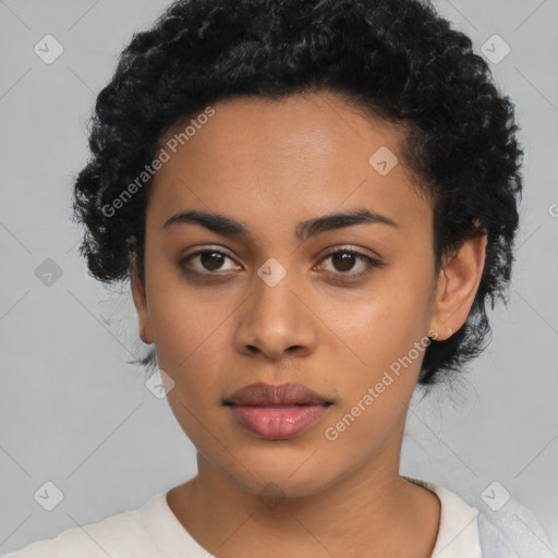 Neutral latino young-adult female with short  black hair and brown eyes