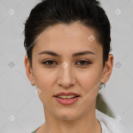 Joyful white young-adult female with short  brown hair and brown eyes