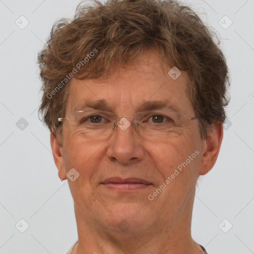 Joyful white middle-aged male with short  brown hair and brown eyes