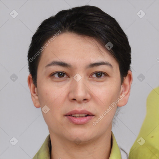 Joyful white young-adult female with short  brown hair and brown eyes