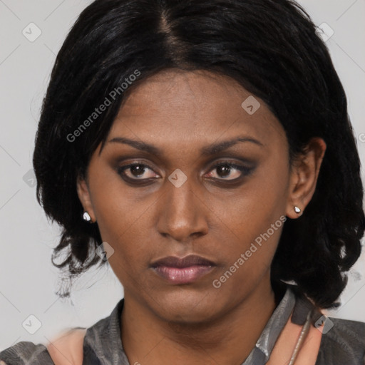 Neutral black young-adult female with medium  black hair and brown eyes