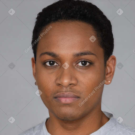 Neutral black young-adult female with short  black hair and brown eyes