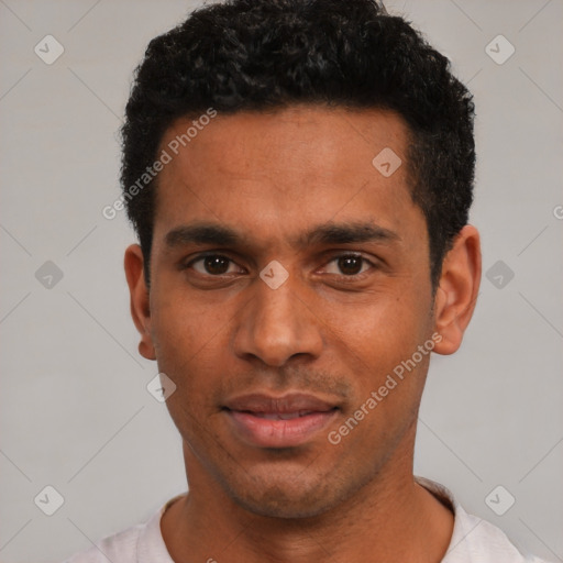 Neutral latino young-adult male with short  black hair and brown eyes