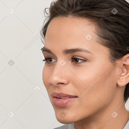 Neutral white young-adult female with short  brown hair and brown eyes