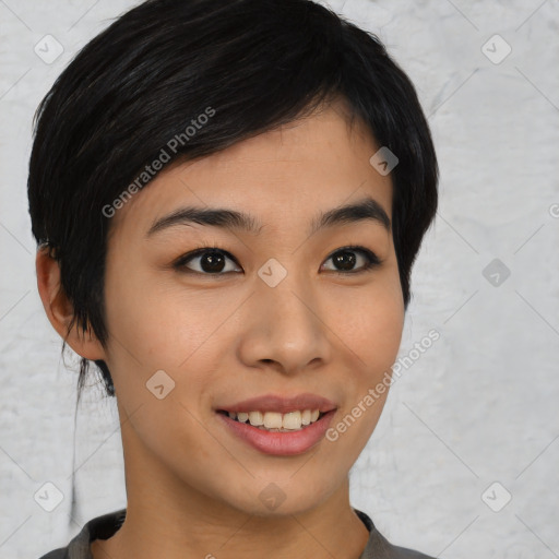 Joyful asian young-adult female with medium  black hair and brown eyes