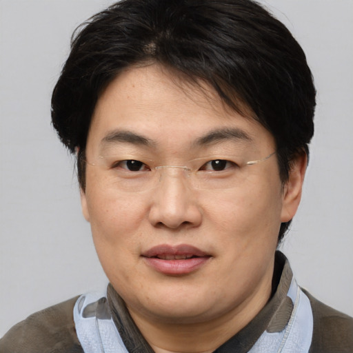 Joyful asian young-adult male with medium  brown hair and brown eyes